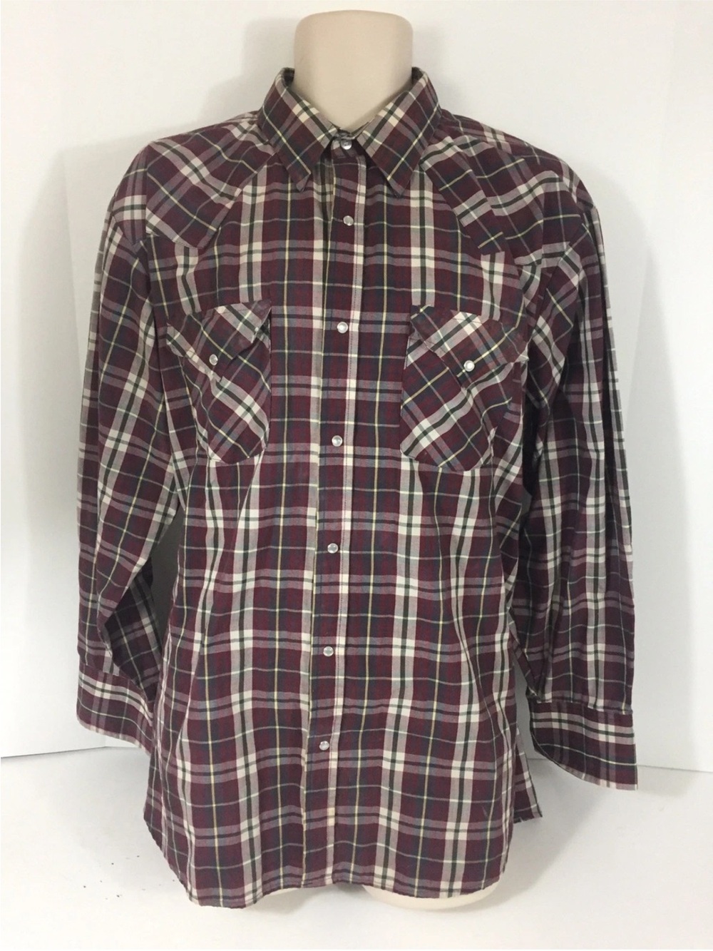 Vintage Ely Cattleman Men's XL Maroon Plaid Pearl Snap Button Long Sleeve Shirt